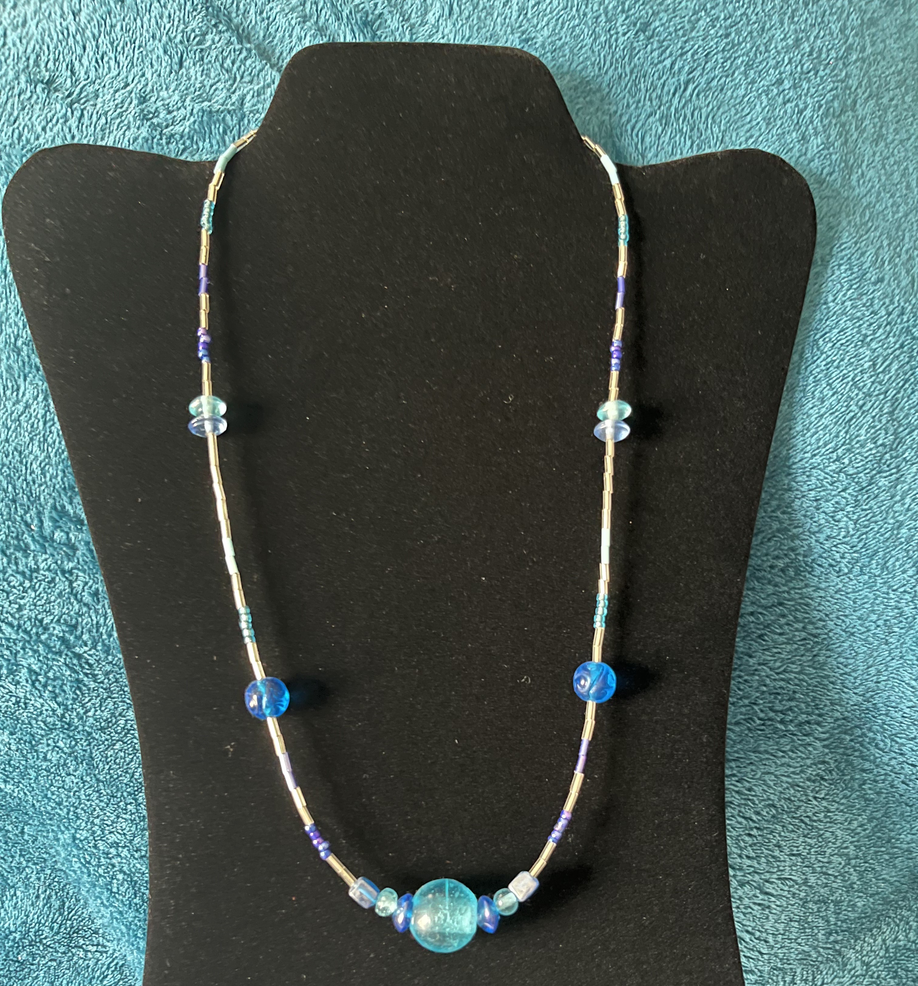 Aqua and Silver Frutiger Aero Beaded Necklace 